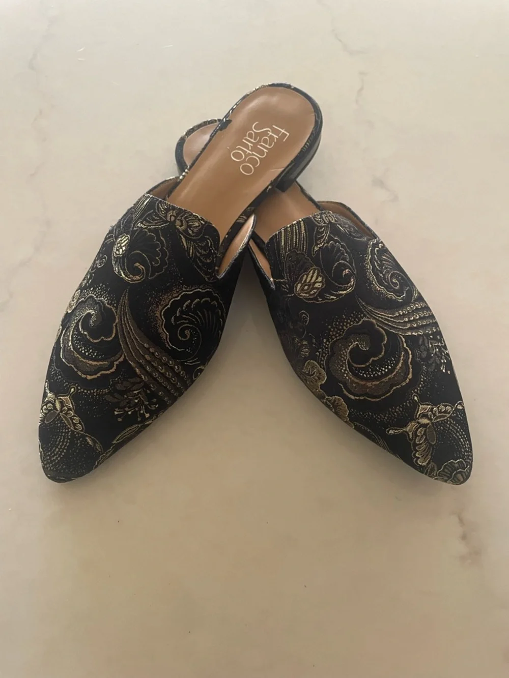 Franco Sarto Black and Gold Paisley Embroidered Slip-On Mules - Picture 1 of 5